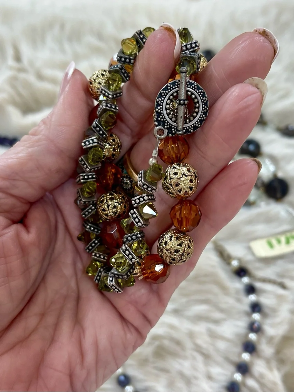 Multiple Vintage Black, Copper & Silver Beaded Long Station Necklaces/ Bracelets